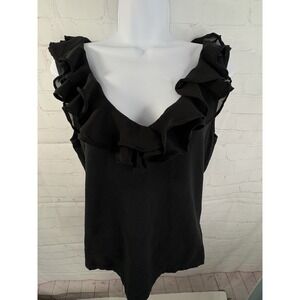 Chaps Women's Black Ruffle Sleeveless V-Neck Stretchy Top Tank Blouse Size Large